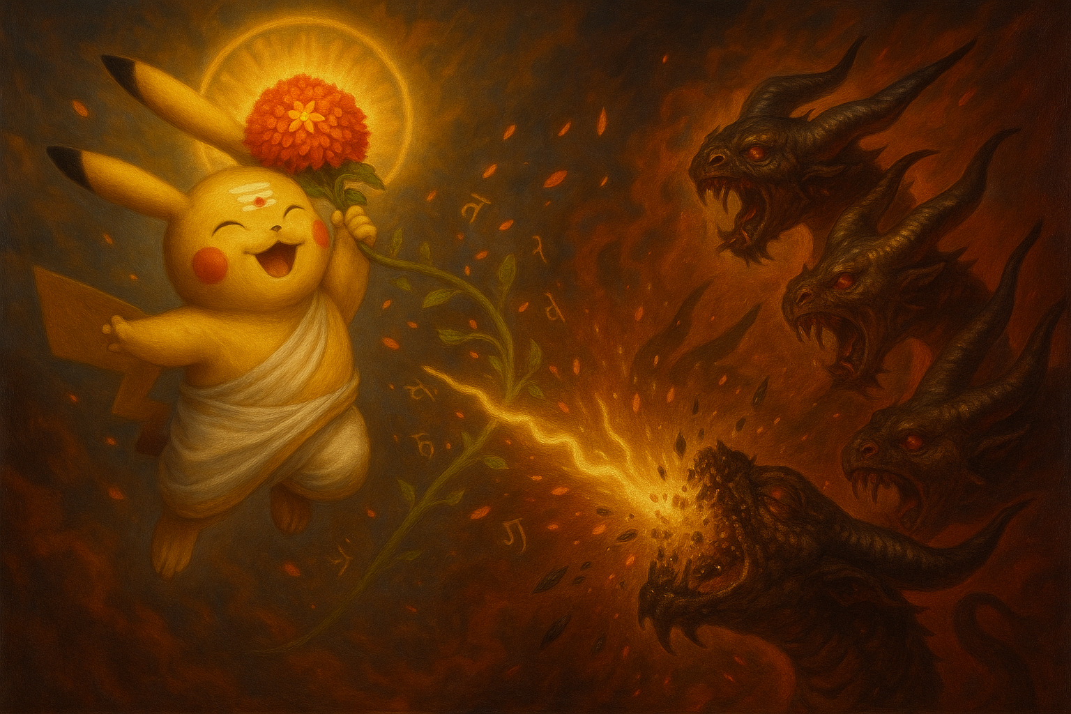 Ugraśravas shattering one of the dark heads of ignorance with the help of the magic flower Rājīva Ugraśravas shattering one of the dark heads of ignorance with the help of the magic flower Rājīva
